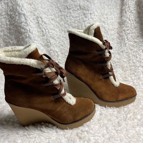 Mia Brown suede lace up wedge boots faux fur lining faux leather trim SZ10 - Picture 1 of 12